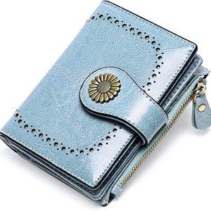 Small Bifold RFID Blocking Genuine Leather Wallet Vintage Zipper Short Card Hold